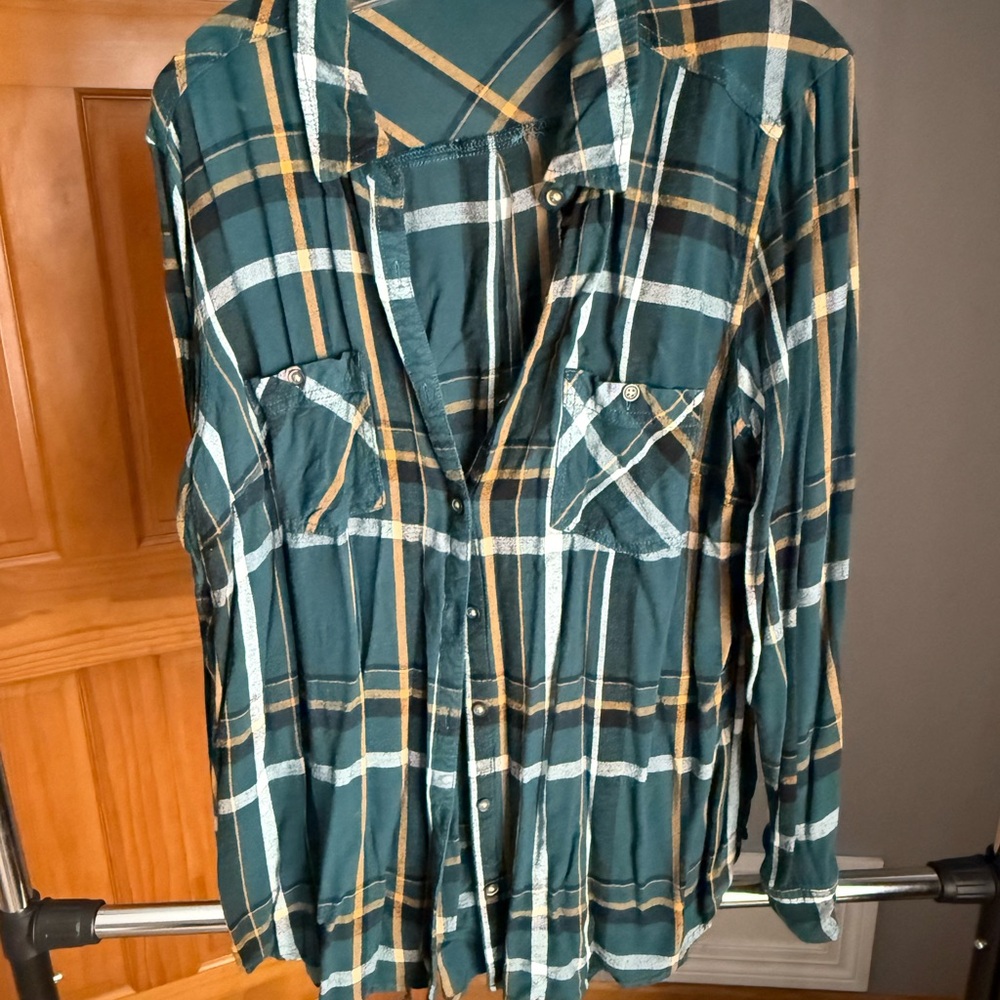 Maurices Teal and Mustard Plaid Button-Down Shirt